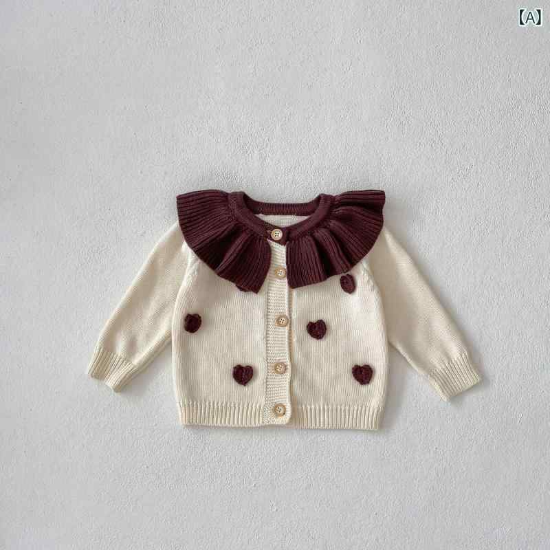 セットアップ 女の子 ベビー服 ニット カーディガン ロンパース 長袖 フリル襟 ハート コットン 綿 上下セット 赤ちゃん キッズ 幼児 秋冬 無地 お出かけ 普段使い かわいい おしゃれ 柔らかい アプリコット ホワイト ブラウン 前開き ボタン 2