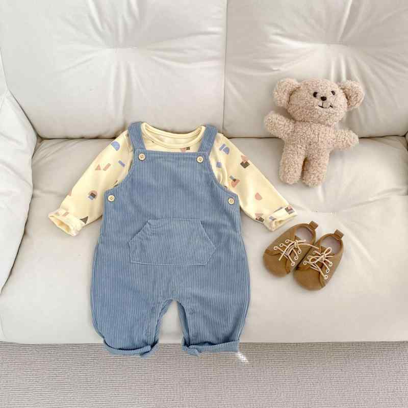ベビー セットアップ 男の子 女の子 0-3歳 乳幼児 Tシャツ サロペット オーバーオール 上下セット 長袖 長ズボン 春秋 コットン 綿 ボーダー 無地 カジュアル 普段使い お出かけ かわいい 部屋着 アプリコット ブルー