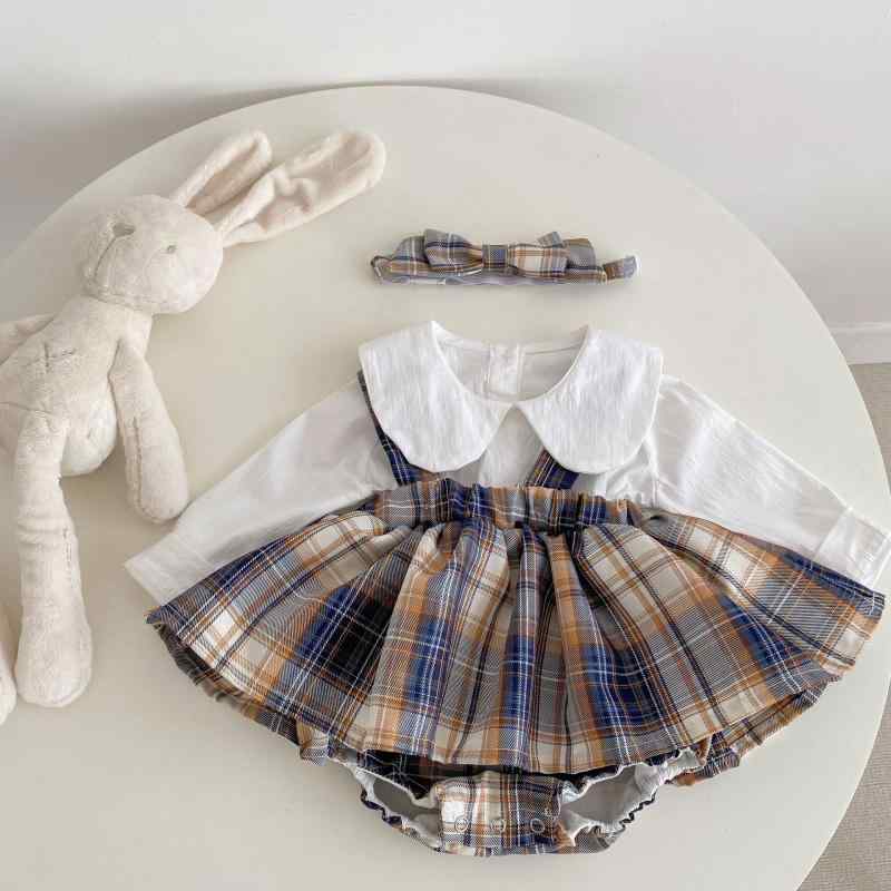 ベビー セットアップ 女の子 2点セット 長袖 トップス ブラウス 丸襟 襟 吊りスカート ブルマ サロペットパンツ チェック柄 格子柄 綿 コットン 春秋 赤ちゃん 幼児 お出かけ 通園 普段使い かわいい カジュアル ボタン