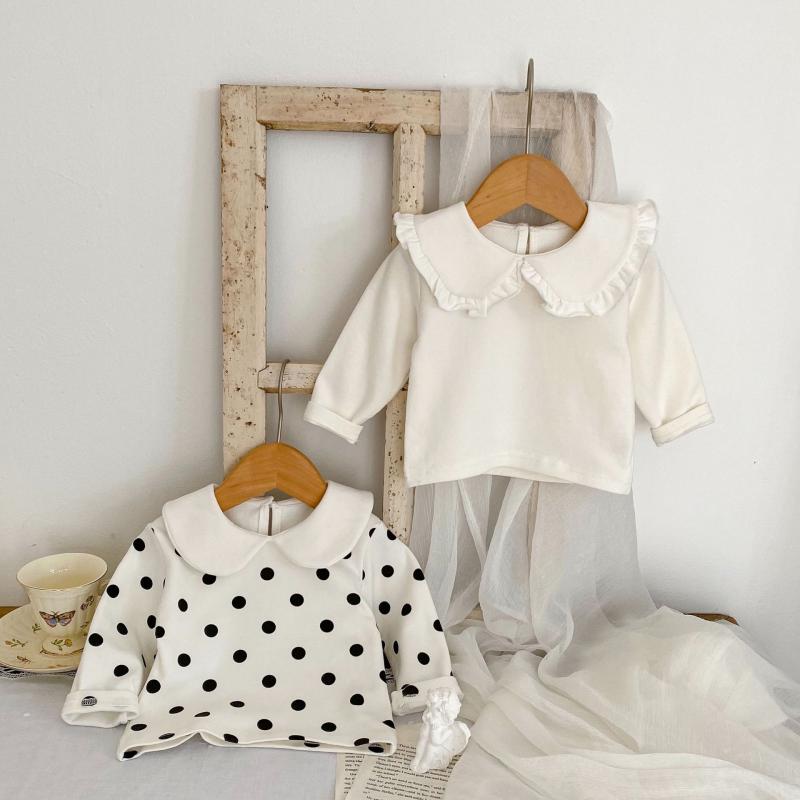・カテゴリ: キッズTシャツ・性別: 女の子・スタイル: カジュアル・ネックライン: クルーネック・袖丈: 長袖・対象年齢: 1〜3歳・主な素材: 綿 98%・柄: 無地、ドット柄・カラー展開: オフホワイト、ドット柄・サイズ展開: 66、73、80、90、100
