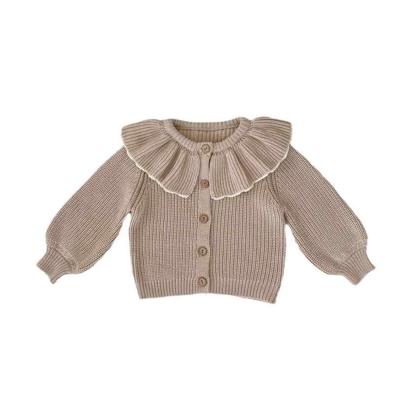 カーディガン ベビー 女の子 セーター トップス ニットアウター 長袖 フリル襟 秋冬 綿 コットン 前開き ボタン 無地 部屋着 お出かけ 外出着 ライトキャメル かわいい おしゃれ ナチュラル シンプル 伸縮性 柔らかい 敏感肌 安心