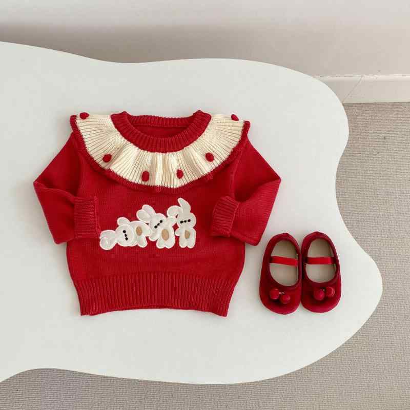 セーター ベビー 女の子 ニット トップス 長袖 プルオーバー フリル襟 ラビット ウサギ 刺繍 アニマル コットン 綿 レッド 赤 秋冬 かわいい お出かけ 普段使い 防寒 あたたかい 伸縮性 柔らかい 上品
