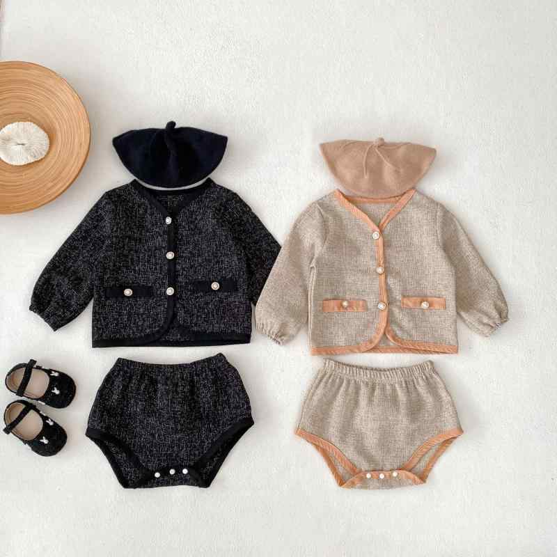 セットアップ ベビー 女の子 カーディガン トップス 長袖 ブルマ パンツ ヴィンテージ風 ツイード調 高級感 エレガント 秋冬 無地 かわいい おしゃれ ポリエステル ボタン カーキ ブラック