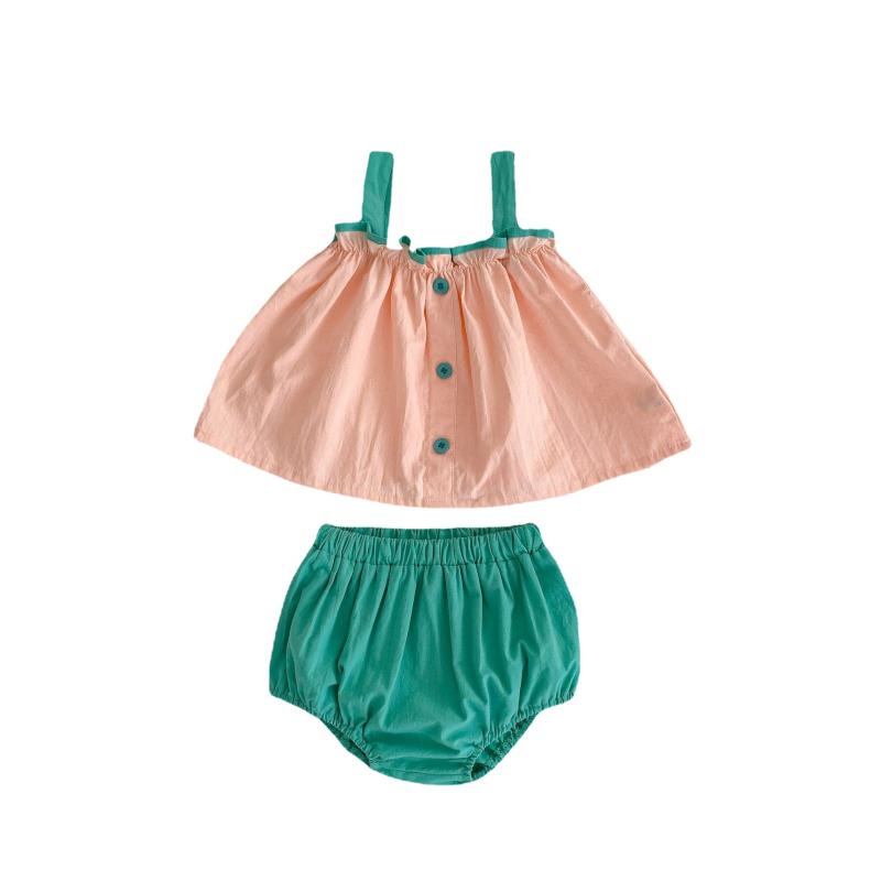 セットアップ 女の子 ベビー 上下 2点 ノースリーブ キャミソール トップス かぼちゃパンツ ブルマ 綿 春夏 かわいい チェック柄 無地 通気性 快適 軽量 普段使い お出かけ 部屋着 ピンク コットン