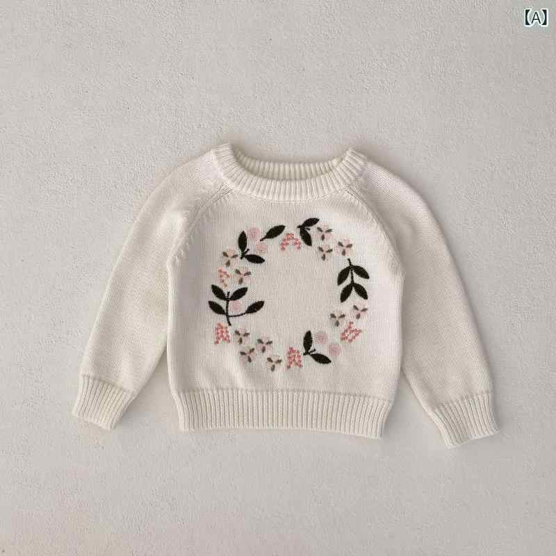 ニット セーター 女の子 ベビー キッズ 秋冬 トップス 花柄 刺繍 クルーネック 丸...