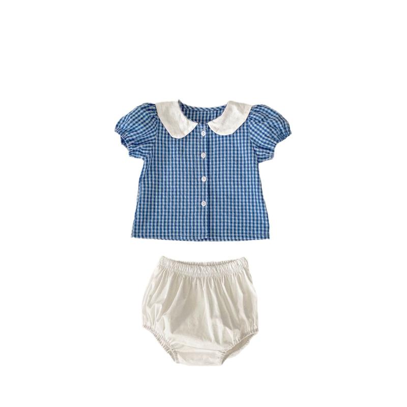 セットアップ ベビー 女の子 春夏 半袖 トップス ブラウス かぼちゃパンツ ズボン ブルー 綿 コットン チェック柄 格子柄 うさぎ アニマル 襟 丸襟 ボタン 赤ちゃん 子供服 幼児 普段着 お出かけ かわいい