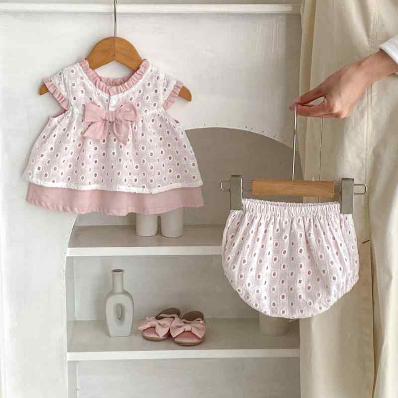 セットアップ 女の子 ベビー 子供服 トップス ショートパンツ ズボン 綿 コットン かわいい おしゃれ 春夏 透かし編み ノースリーブ 薄手 二重 通気性 部屋着 外出用 ピンク 普段使い ガーリー 高級感 涼しい