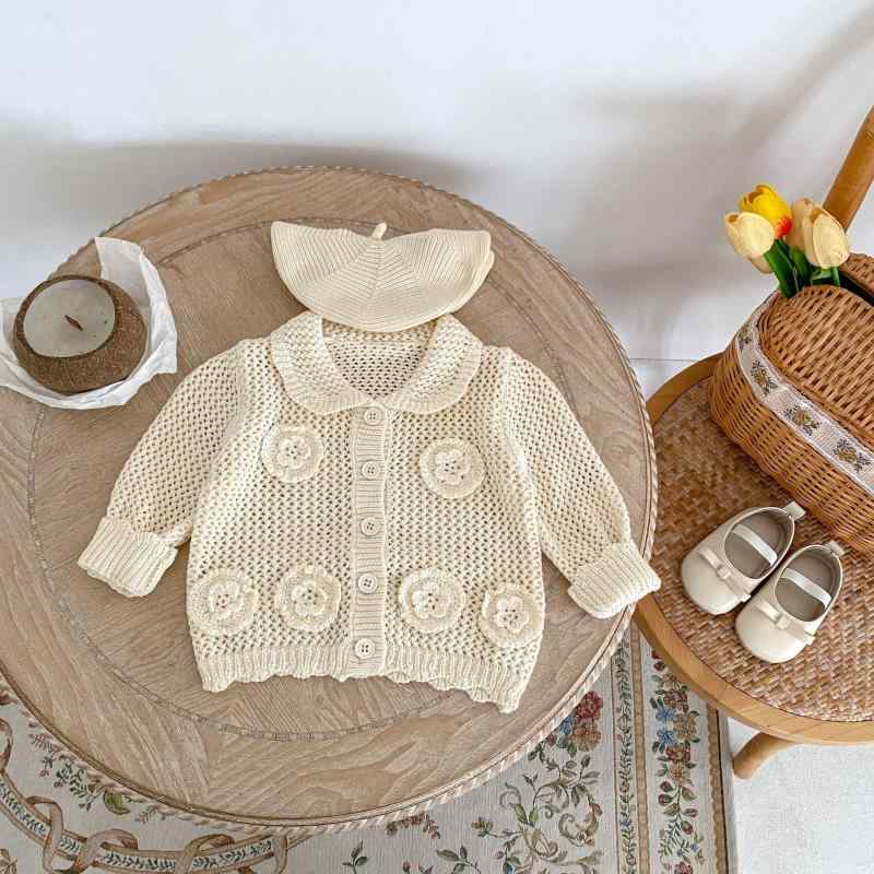 カーディガン ベビー 女の子 キッズ 子供服 ニット トップス 襟 立体 フラワー 花...