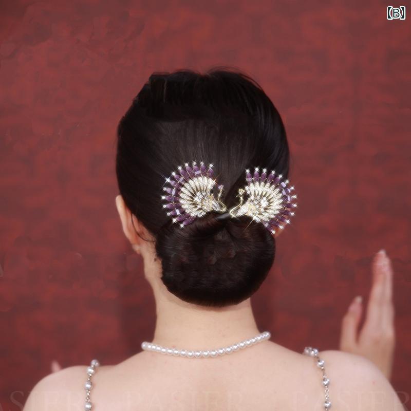お団子ヘアメーカー レディース 高級感 クジャク 羽根 モチーフ 髪飾り ヘアアクセ...