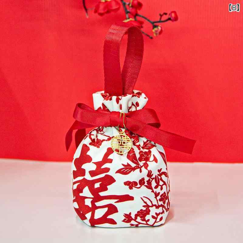菓子袋 結婚式 ギフトバッグ キャンディバッグ ウエディング ブライダル 高級感 フランネル キャンバス 巾着袋 手提げ 持ち手 中華風 披露宴 二次会 お祝い 布製 丈夫 マチなし 記念日 菓子入れ 飴入れ 2