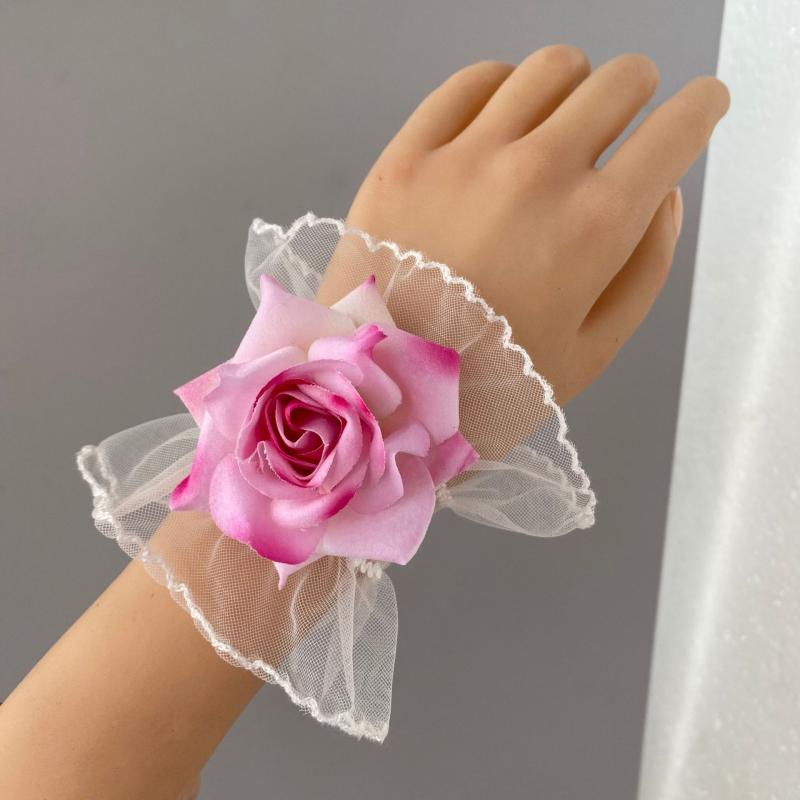 Pearl White - リストブーケ レディース 結婚式 パーティー ハロウィン 薔薇 造花 レース フリル ラッフル つけ袖 アームカバー 手首飾り ダーク ゴシック ゴスロリ ロリータ ハンドメイド ブラック ホワイト ワインレッド