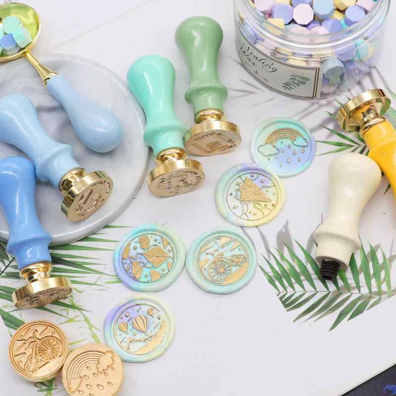 シーリングスタンプ 封蝋 ヴィンテージ風 レトロ マカロン ハンドル スタンプヘッド 銅製 真鍮 文房具 手紙 招待状 ラッピング デコレーション 高級感 持ち手 印面 印章 クラフト ハンドメイド ブルー ピンク イエロー