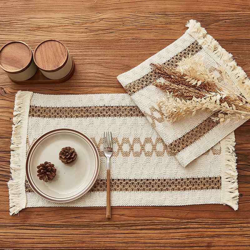 ランチョンマット メンズ レディース シンプル 綿 麻 コットンリネン 天然素材 テーブルマット フリンジ 編み込み 長方形 普段使い 食卓 おもてなし 敷物 カーキ グレー ブラック 北欧風 アメリカン 高級感