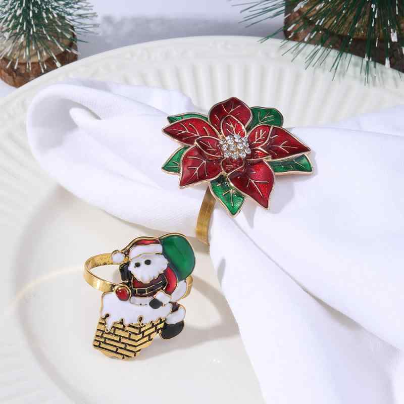 ナプキンリング ホルダー バックル クリスマス サンタクロース バラ ローズ 薔薇 フラワー 電気メッキ加工 合金製 モダン 卓上装飾 テーブル小物 レストラン ホテル パーティー 高級感 おしゃれ かわいい グリーン