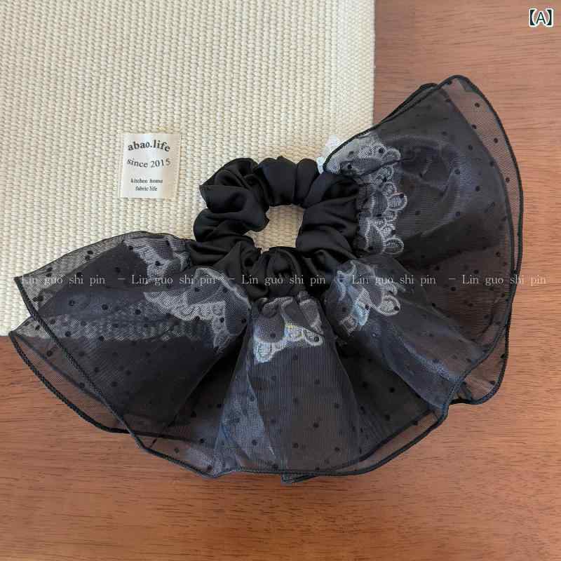 シュシュ レディース ヘアアクセサリー チュール メッシュ ドット柄 水玉 ボリューム ふわふわ ダブル フリル ギャザー ティアード風 髪飾り 春夏 韓国 フェミニン 上品 大人かわいい 普段使い 伸縮性 ブラック アイボリー