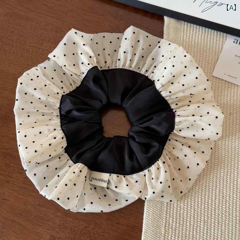 ・カテゴリ: シュシュ・素材: チュール・加工: ハンドメイド・: ドット柄、フリル・スタイル: 韓国スタイル、フェミニン・カラー展開: ブラック、オフホワイト・仕様: 高弾力
