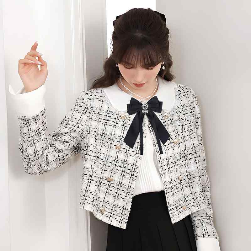 リボン レディース ボウタイ スクール風 制服 大人かわいい フェミニン ブラウス シャツ セーター 黒 ブラック ビジュー ラインストーン ジルコニア キャッツアイ 韓国スタイル ブローチ 通学 オフィス 秋冬