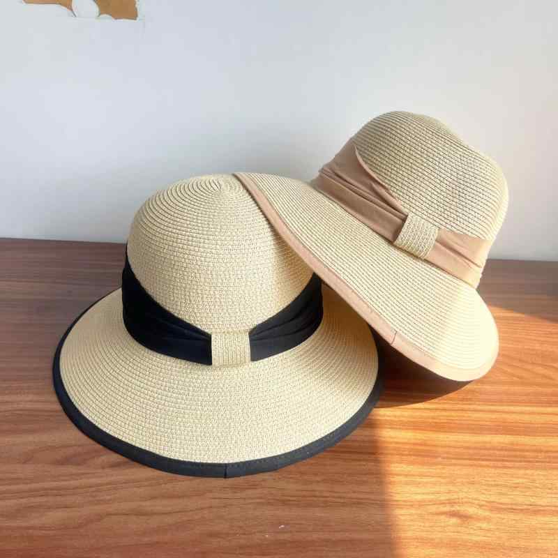 Panama Hats - 麦わら帽子 レディース バケットハット つば広 リボン 折りたたみ 日よけ UVカット 紫外線対策 通気性 遮光 旅行 ビーチ 春夏 秋 カジュアル ナチュラル アイボリー キャメル ブラック 小顔効果 蒸れにくい 涼しい