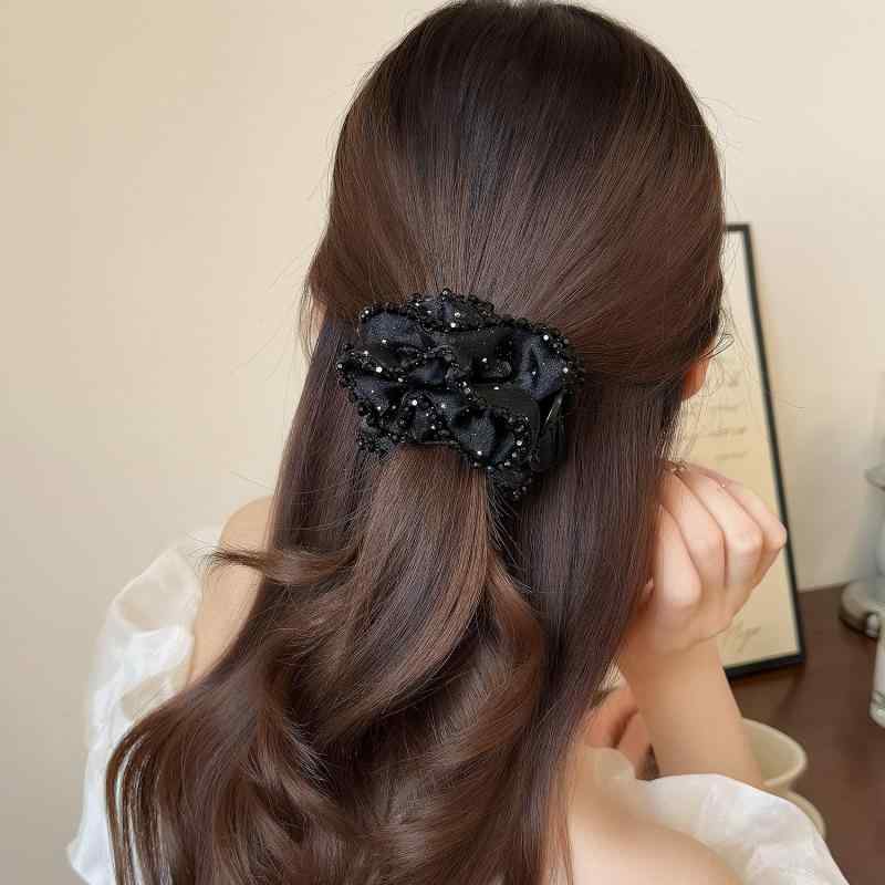 バンスクリップ レディース ヘアアクセサリー パールチェーン プリーツ チュール メッシュ 布製 上品 エレガント 高級感 大人かわいい フェミニン 韓国 ハーフアップ まとめ髪 お団子 春夏 ブラック 黒