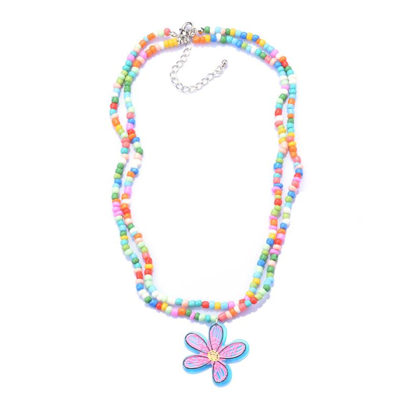 ネックレス レディース ボヘミアン エスニック レジン フラワー 花モチーフ ペンダント 二連 ビーズ カラフル 華やか 電気メッキ加工 合金 普段使い パーティー 秋冬 アクセサリー 首飾り 欧米風 かわいい 高級感