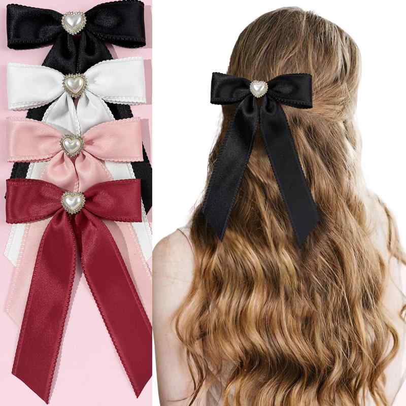 ヘアクリップ レディース リボン ロングリボン ハート 髪留め 髪飾り ヘアアクセサリー ダッカールクリップ バレッタ 韓国 エレガント 上品 大人かわいい ハンドメイド 春夏 ブラック ピンク ホワイト