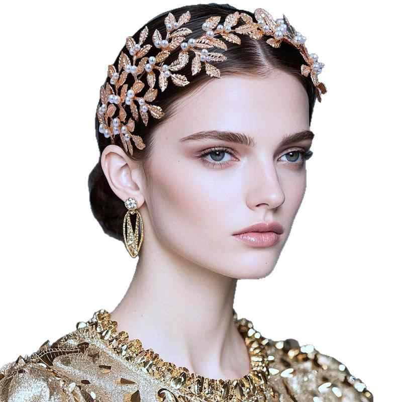 ヘッドドレス レディース ヘアアクセサリー ウェディング ブライダル 結婚式 披露宴 パーティー 花嫁 カチューシャ ヴィンテージ風 レトロ リーフ パール パール 手編み ハンドメイド 上品 ゴールド シルバー レッド 春夏