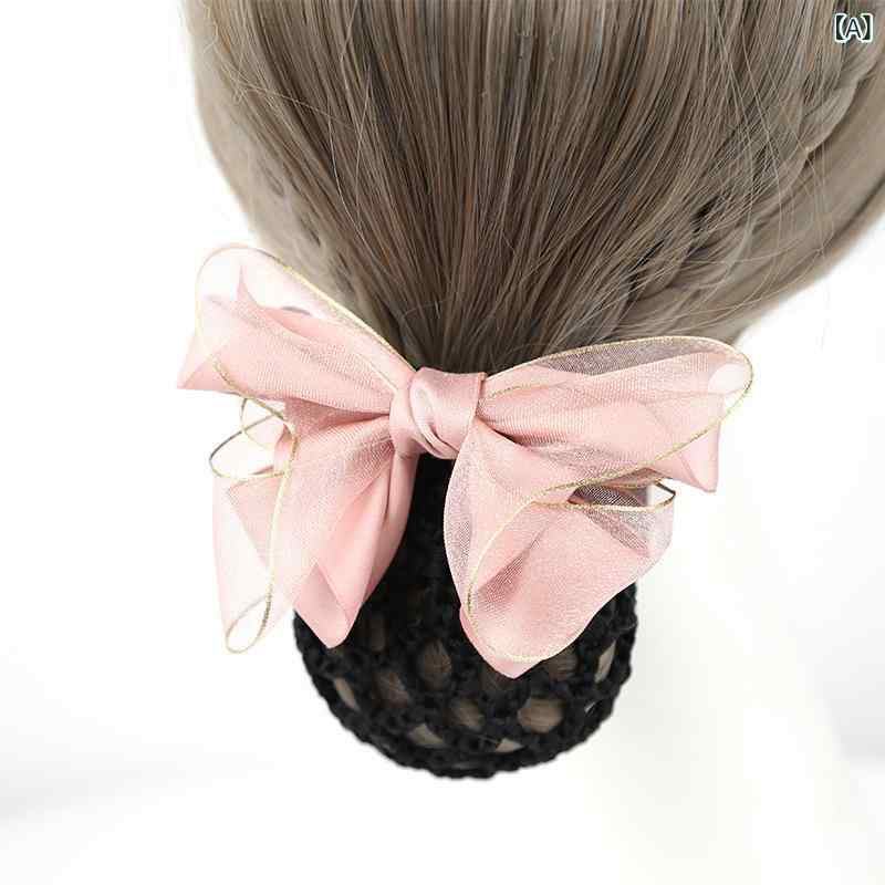 バレッタ レディース リボン ヘアネット シニヨン お団子 髪留め サテン オーガンジー 高級感 上品 ビジネス 冠婚葬祭 フォーマル ブラック ネイビー ピンク系 春夏 清楚 アクセサリー 華やか 大人 フェミニン