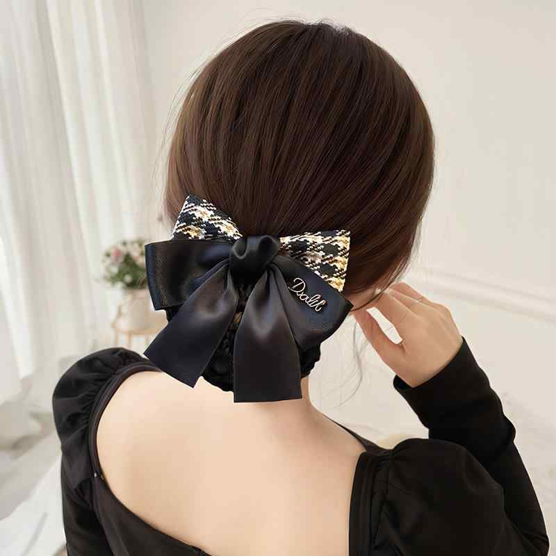 ヘアアクセサリー レディース リボンバレッタ シニヨンネット 仕事用 オフィス 接客 冠婚葬祭 フォーマル 上品 高級感 布製 ツイード ベルベット チェック柄 清楚 まとめ髪 お団子 ブラック ブルー パール 春夏