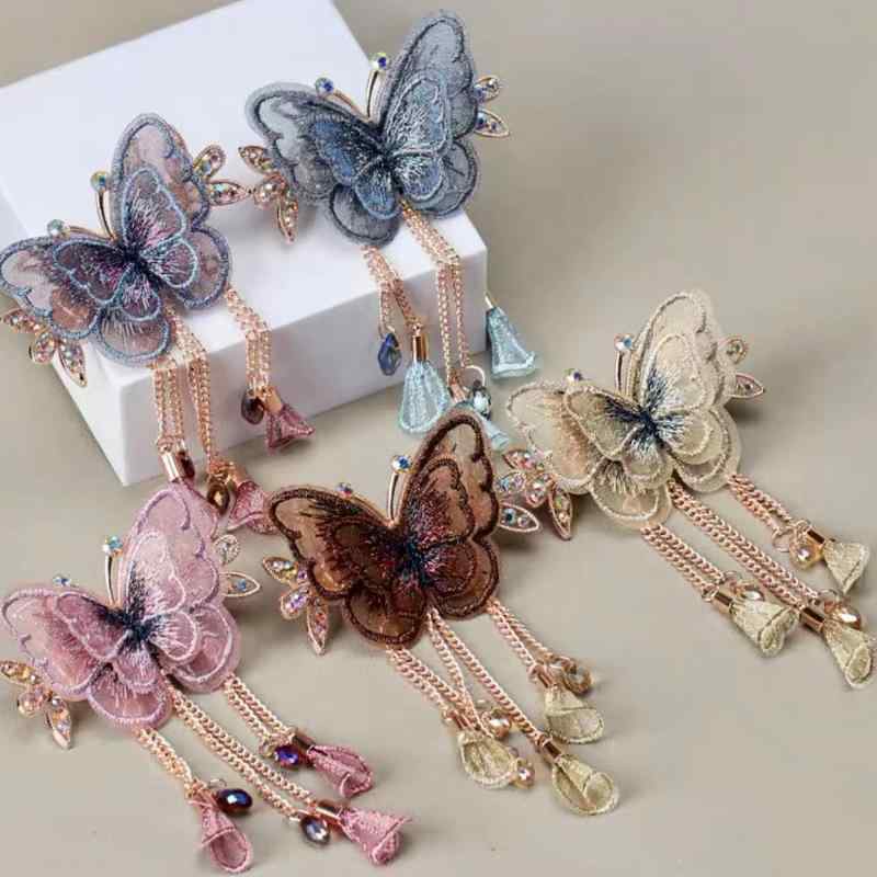 バンスクリップ レディース ヘアクリップ 蝶 リボン チュール タッセル フリンジ ...