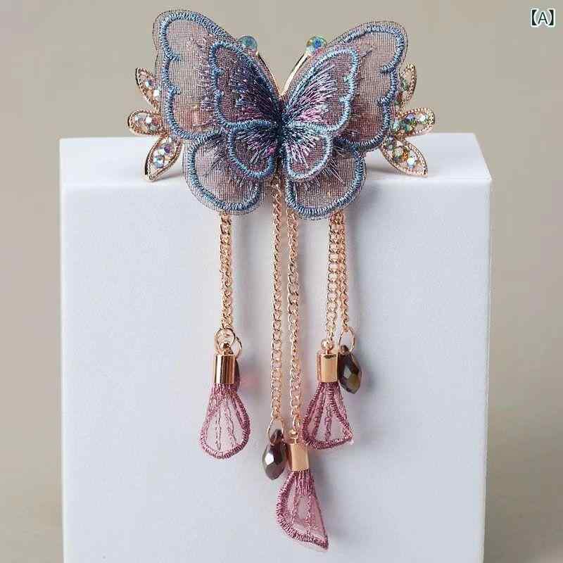バンスクリップ レディース ヘアクリップ 蝶 リボン チュール タッセル フリンジ ...