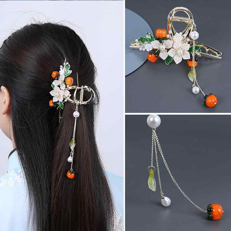 ・カテゴリ: ヘアアクセサリー・素材: 合金・スタイル: レディース・加工: ハンドメイド・種類: バンスクリップ・カラー: 柿・モチーフ: 柿・テイスト: 和風、レトロ・サイズ感: 大サイズ