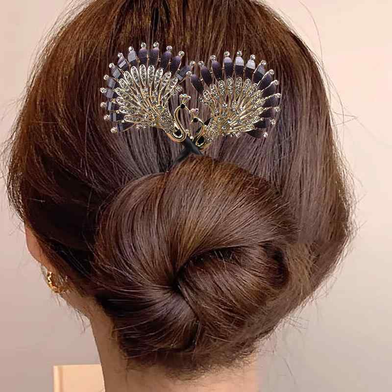 樂天商城 - ヘアアクセサリー レディース スティック お団子メーカー 髪飾り 孔雀 ブルー 青 ジルコニア ラインストーン 合金 U字 かんざし まとめ 簡単 華やか 高級感 上品 結婚式 二次会 普段使い 和装 着物 浴衣 春夏