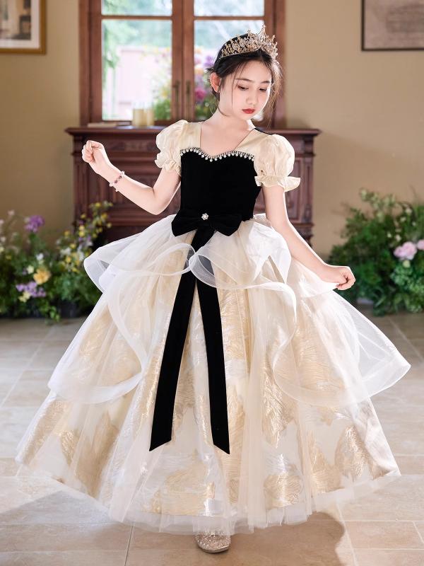 ドレス 女の子 オールシーズン シャンパン ブラック 子供服 ワンピース フォーマル 発表会 結婚式 誕生日 ピアノ 演奏会 プリンセス お姫様 フラワーガール ロング レース リボン チュール 高級感 かわいい 上品 Aライン 100cm-160cm