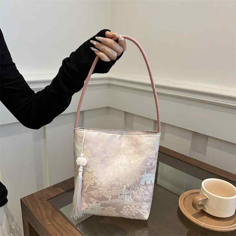 乐天商城 - バケツバッグ レディース ショルダー 手提げ 巾着 カバン 鞄 ネオチャイナ アジアン レトロ 漢服 個性派 シンプル 柔らかい 軽量 ワンハンドル ホワイト ブルー ピンク 春夏 普段使い 上品 きれいめ 特殊素材