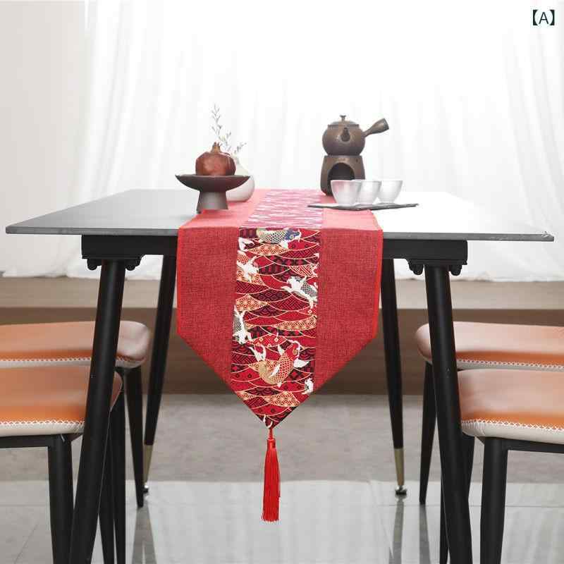 Table Runners - テーブルランナー 結婚式 赤 お祝い 披露宴 テーブルセンター コットンリネン 綿麻 ヴィンテージ風 モダン 高級感 縁起物 鯉 タッセル センターテーブル ダイニングテーブル インテリア 雑貨 おしゃれ 長方形 オールシーズン 上品 華やか 敷物 30