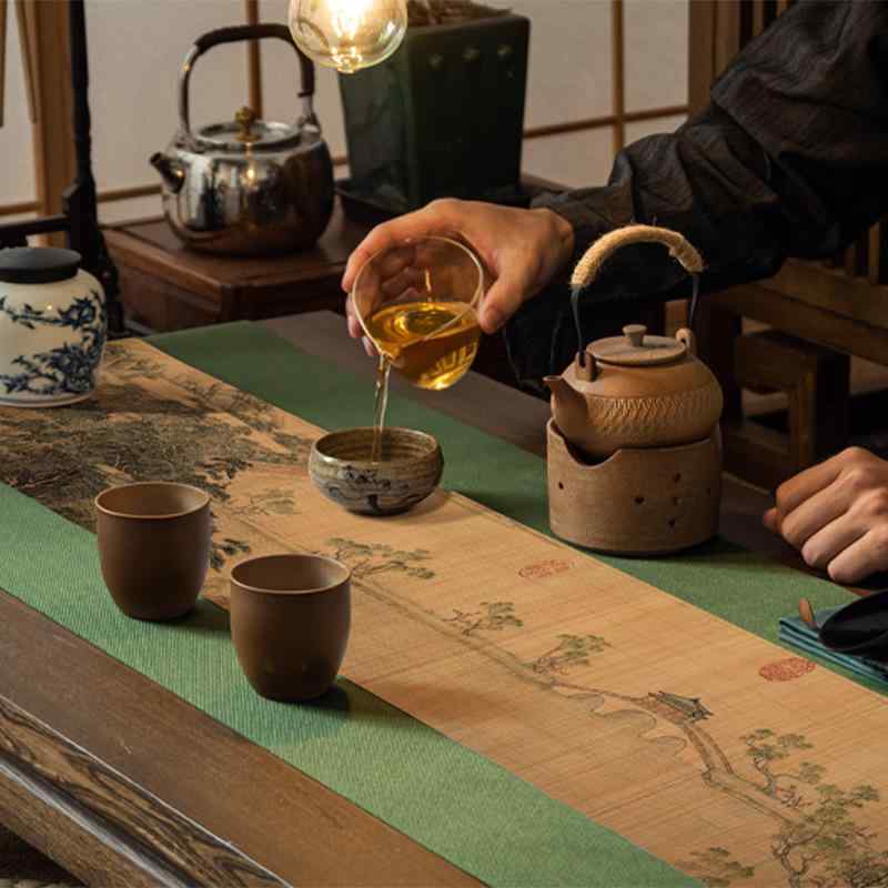 テーブルランナー ティーマット 茶器敷き 和風 和モダン 竹製 バンブー 山水画 趣 アジアン インテリア リビング ダイニング 敷物 長方形 おしゃれ 高級感 丈夫 耐久性 断熱 おもてなし お茶 卓上 落ち着いた