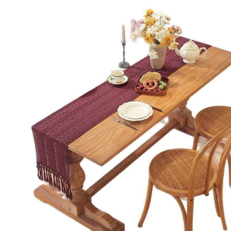Table Runners - テーブルランナー 綿 麻 コットン リネン ストライプ 透かし彫り フリンジ タッセル 編み込み センタークロス インテリア 装飾 リビング ダイニング テレビ台 敷物 布 アメリカン風 ワインレッド 赤 おしゃれ かわいい 高級感 アンティーク風 ナチ