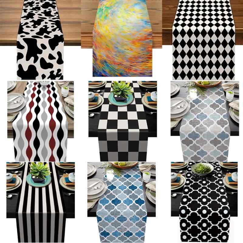Table Runners - テーブルランナー モダン シンプル ブラック ホワイト チェック 格子 市松模様 幾何学 リネン 麻 ダイニング リビング 家庭用 センタークロス インテリア 雑貨 敷物 食卓飾り おしゃれ 北欧風 ナチュラル オールシーズン