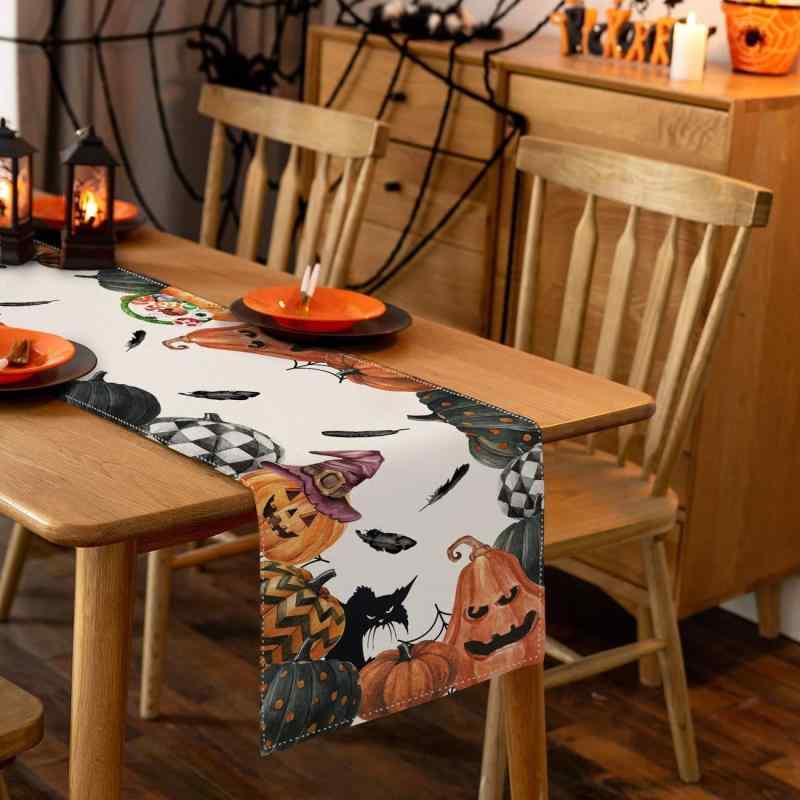 Table Runners - テーブルランナー ハロウィン カボチャ 秋冬 猫 リネン 麻 亜麻 テーブルセンター ダイニング 室内 屋外 雑貨 かぼちゃ パンプキン ネコ 飾り付け インテリア 敷物 おしゃれ モダン ナチュラル 食卓 ポリエステル