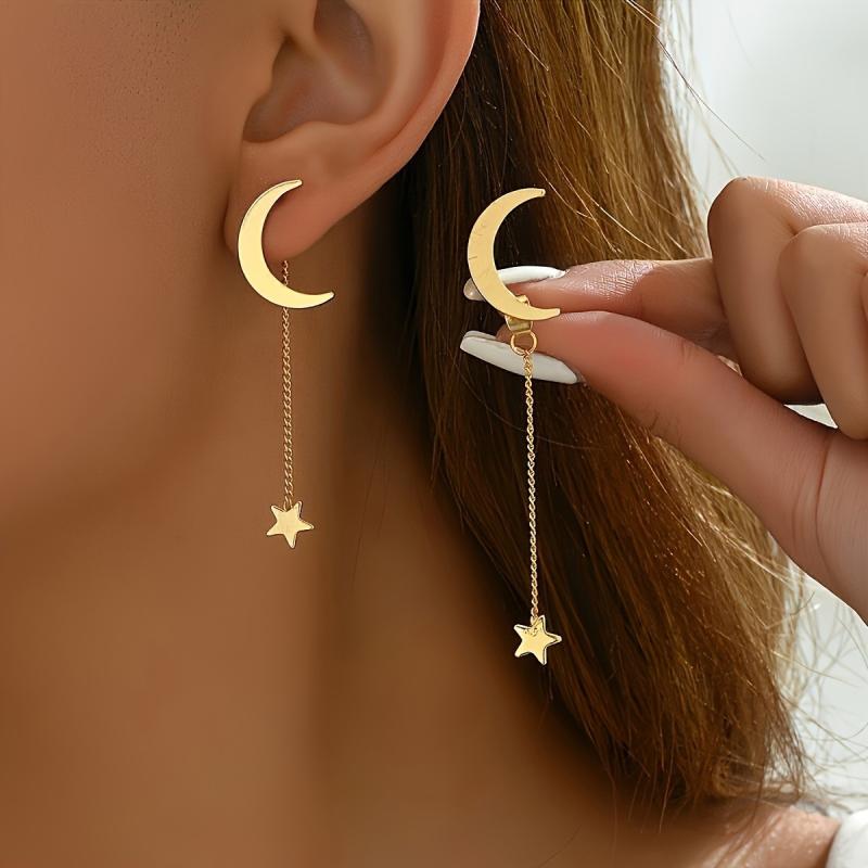 ピアス レディース 星 月 モチーフ 揺れる ロング タッセル 高級感 シンプル きれいめ かわいい ジュエリー アクセサリー 合金 ステンレス 秋冬 エレガント 欧米風 パーティー 結婚式 デート ゴールド シルバー
