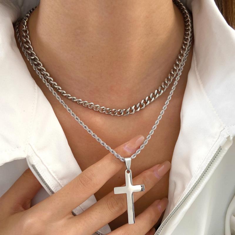By Color - ネックレス メンズ レディース 2連 十字架 クロス ペンダント チタン鋼 ステンレス ヒップホップ パンク アクセサリー ジュエリー 電気メッキ加工 シルバー ゴールド カジュアル ストリート 春夏 チェーン 高級感
