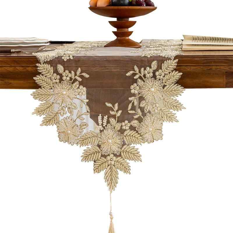 テーブルランナー レース メッシュ 欧風 アンティーク調 ビーズ刺繍 植物 花柄 白 ...