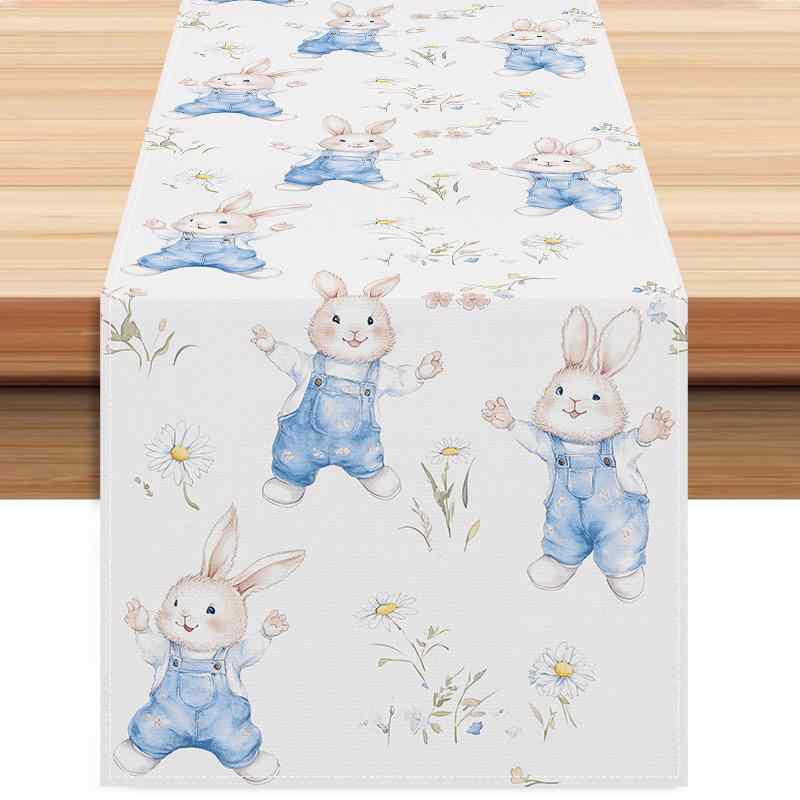 Table Runners - テーブルランナー センター イースター 復活祭 うさぎ ラビット スカイブルー パーティー 食卓 飾り デコレーション ダイニング リネン 麻 ポリエステル シンプル 高級感 かわいい ナチュラル ホワイト 北欧 マット おしゃれ