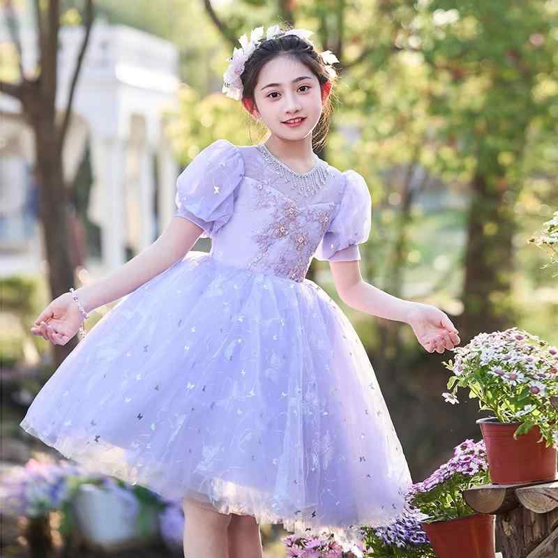 Rakuten - ドレス 女の子 キッズ 子供 フォーマル ワンピース 発表会 ピアノ 結婚式 チュール レース リボン 紫 パープル ラベンダー かわいい おしゃれ 上品 高級感 オールシーズン 華やか 衣装 膝丈 Aライン ノースリーブ フレア プリンセス お姫様 エ