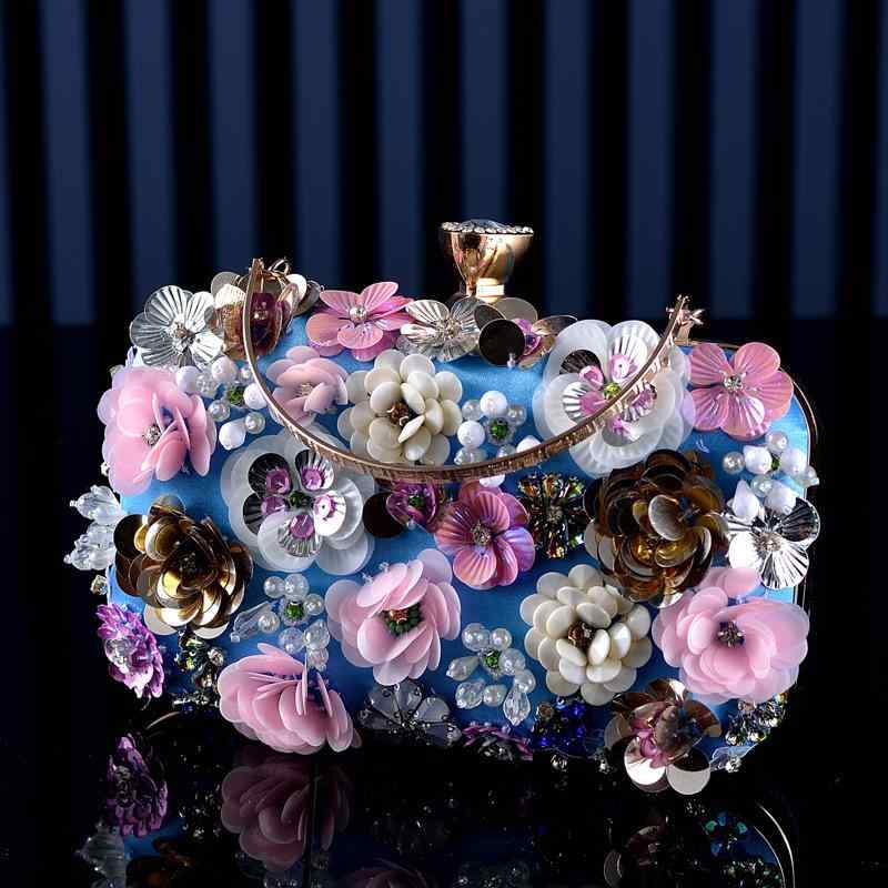 パーティーバッグ レディース クラッチ 鞄 手提げ フラワー 花モチーフ 立体 かわいい 上品 華やか エレガント 結婚式 披露宴 二次会 チャイナドレス用 PVC 秋冬 ブルー ブラック シャンパン 横型 スクエア
