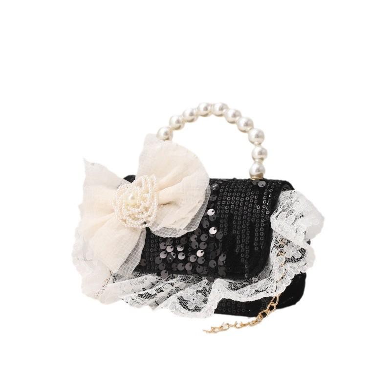 Pochettes - バッグ レディース 鞄 ショルダー ハンド 斜めがけ レース パール ビーズ リボン ちょう結び かわいい 上品 エレガント フェミニン ミニ ボックス型 チェーン 綿麻 灰 ピンク シャンパン 秋冬 普段使い お出かけ
