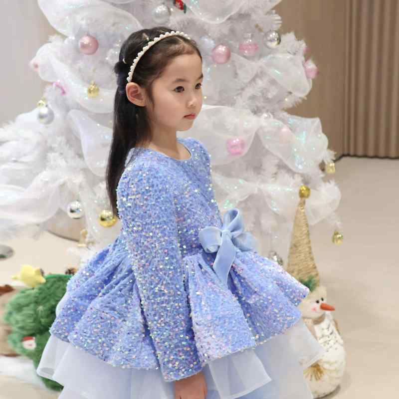 子供ドレス 女の子 キッズ 長袖 ベルベット スパンコール ティアードスカート チュール ブルー ピンク プリンセス ワンピース かわいい リボン フリル レース 発表会 ピアノ パーティー 高級感 春秋 エレガント フォーマル 衣装
