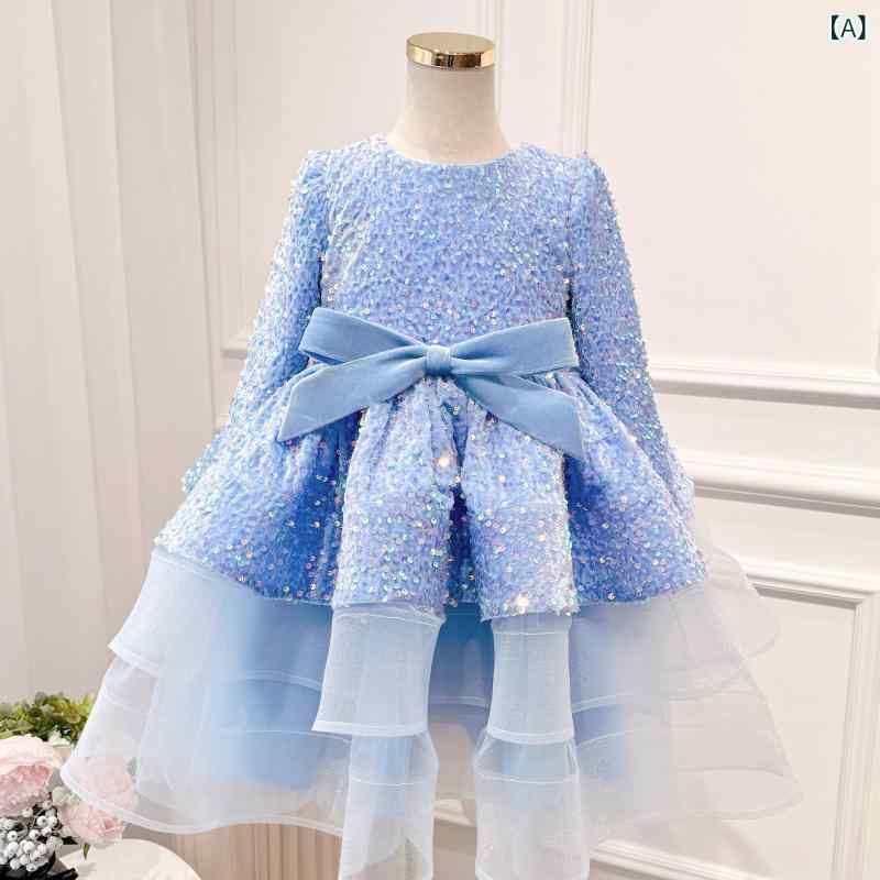 フロントップ楽天市場店の子供ドレス 女の子 キッズ 長袖 ベルベット スパンコール ティアードスカート チュール ブルー ピンク プリンセス ワンピース かわいい リボン フリル レース 発表会 ピアノ パーティー 高級感 春秋 エレガント フォーマル 衣装｜アングル2