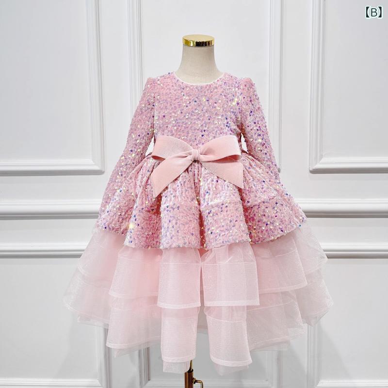 フロントップ楽天市場店の子供ドレス 女の子 キッズ 長袖 ベルベット スパンコール ティアードスカート チュール ブルー ピンク プリンセス ワンピース かわいい リボン フリル レース 発表会 ピアノ パーティー 高級感 春秋 エレガント フォーマル 衣装｜アングル3