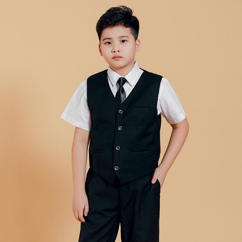 乐天商城 - 礼服 男の子 キッズ ジュニア 春夏 セットアップ スーツ 大きいサイズ ゆったり ベスト 半袖シャツ ロングパンツ ピアノ発表会 演奏会 結婚式 ブラック ネイビー 英国風 フォーマル 冠婚葬祭 ポリエステル 混紡 ぽっちゃり体型